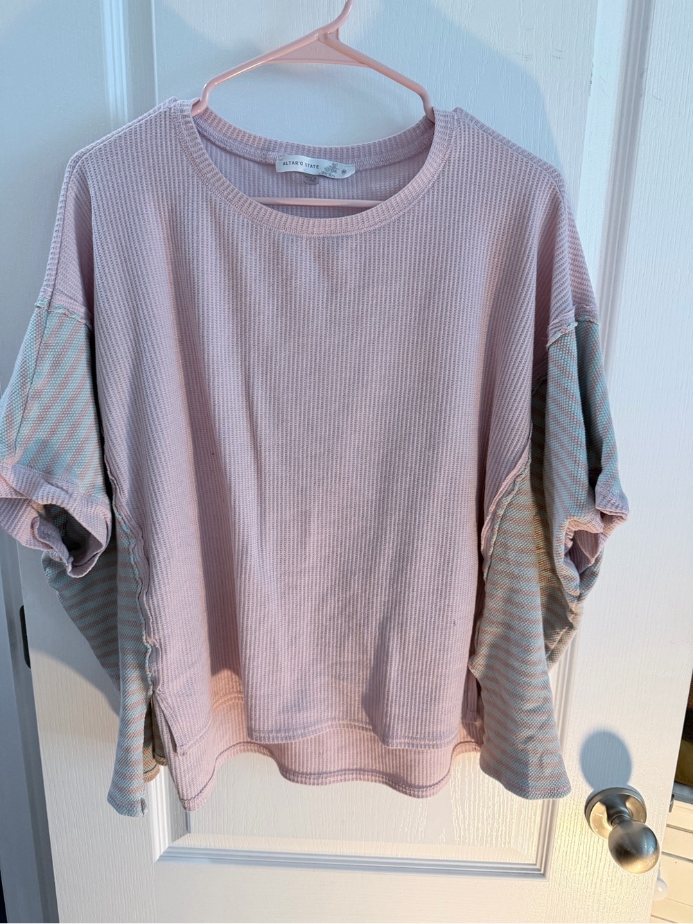 Altar'd State Soft Pink Waffle Knit Tee with Striped Sleeves